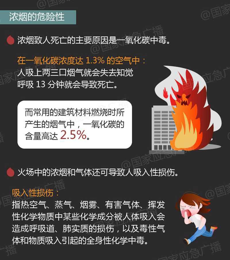 濃煙的危險性 濃煙致人死亡的主要原因是一氧化碳中毒。